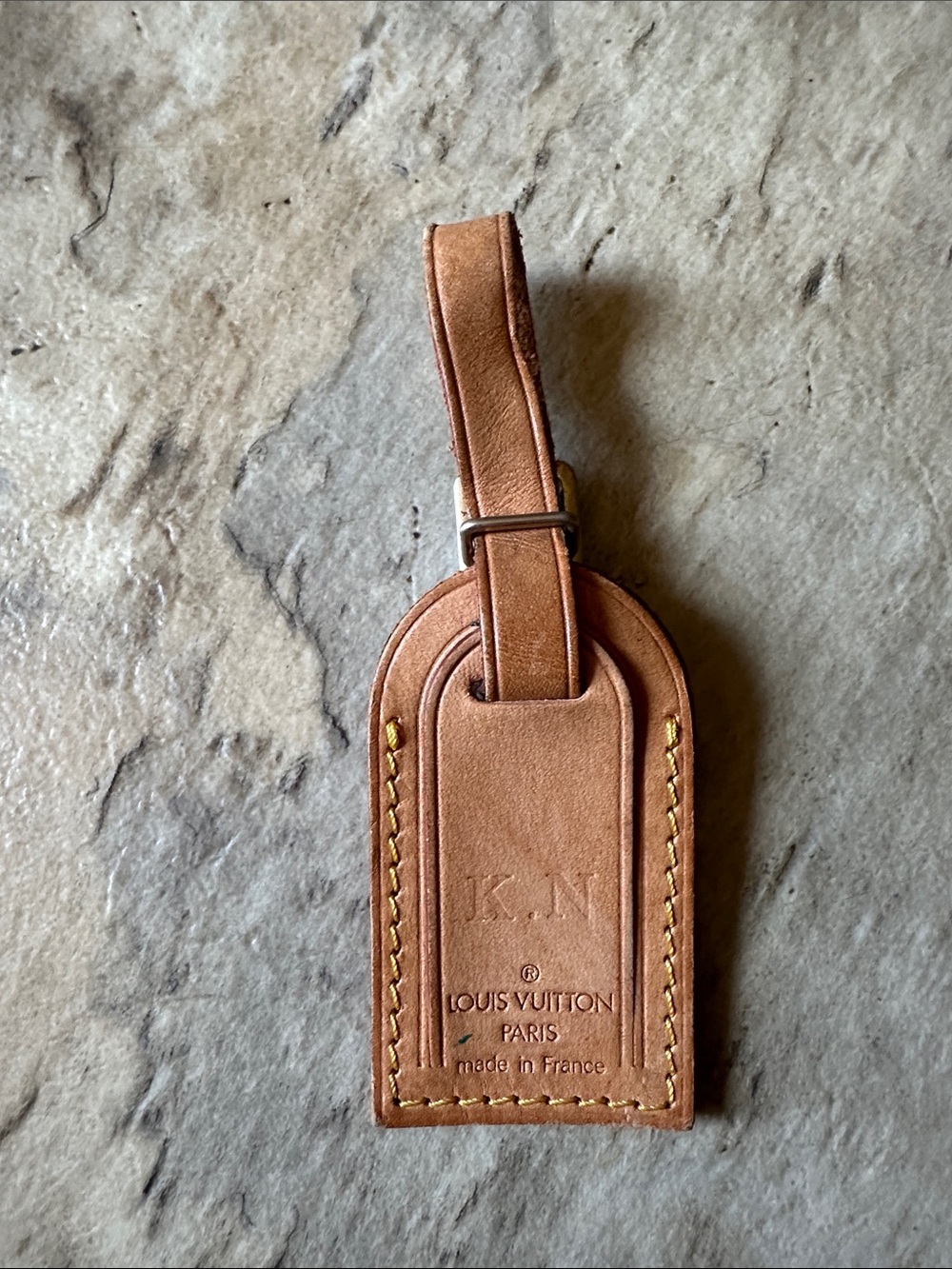 Louis Vuitton Tan Leather Luggage Tag with Embossed Logo-initials K.N
